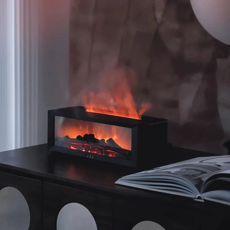 Humidificateur décoratif HearthGlow avec flamme LED, ajoutant une touche d'ambiance chaleureuse à la maison.