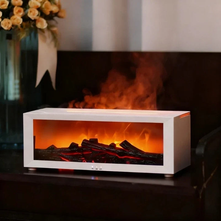 Ambiance relaxante avec l'humidificateur HearthGlow, diffuseur d'arômes à effet flamme LED pour la maison.