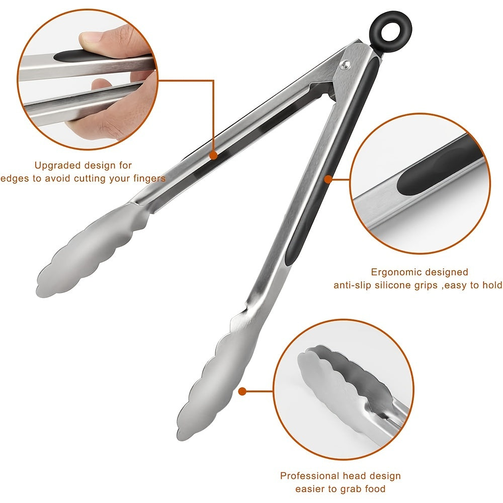 Ustensile de cuisine robuste : pinces en inox et silicone idéales pour barbecue, grillade et cuisson extérieure.