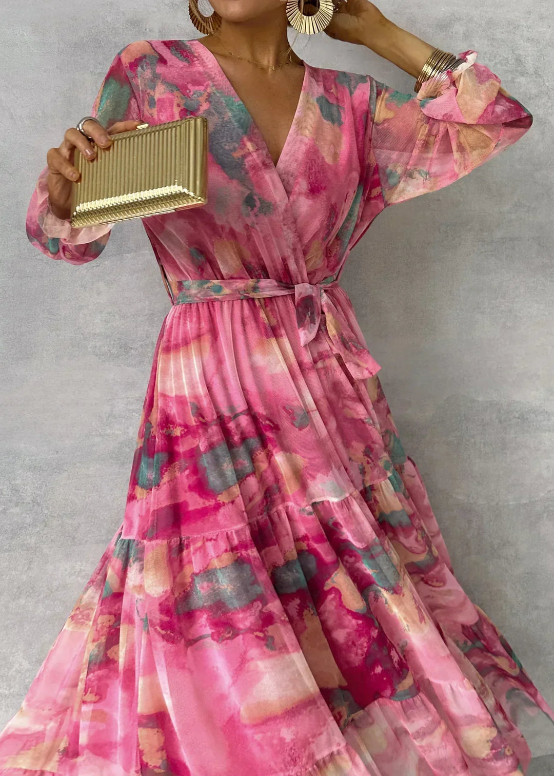Robe de soirée rose élégante à manches longues pour femme, style bohème décontracté, parfaite pour l'été et confort.