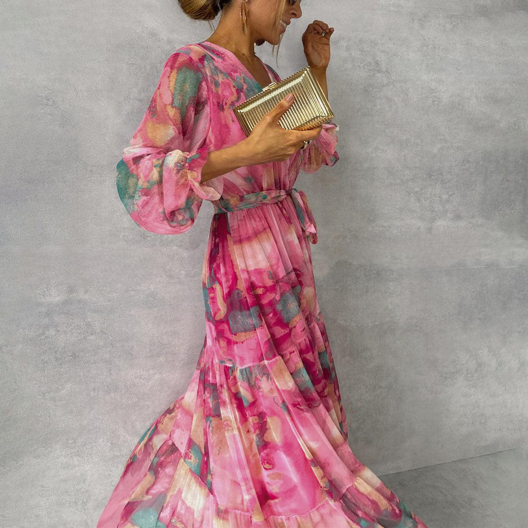 Robe longue rose bohème élégante pour femme à manches longues, imprimé floral, confortable pour tenue d'été décontractée.
