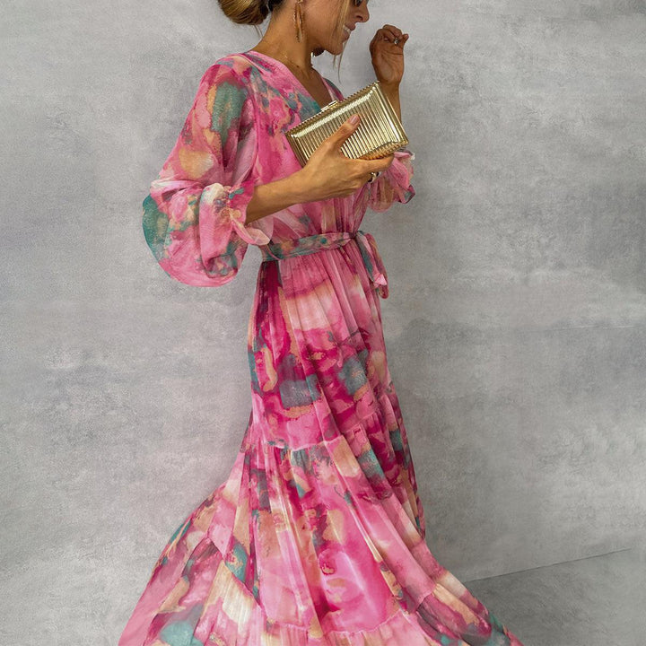 Robe longue rose bohème élégante pour femme à manches longues, imprimé floral, confortable pour tenue d'été décontractée.