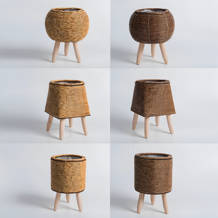 Pot décoratif en rotin synthétique tressé et pieds bois, ajoute une touche naturelle à votre espace.