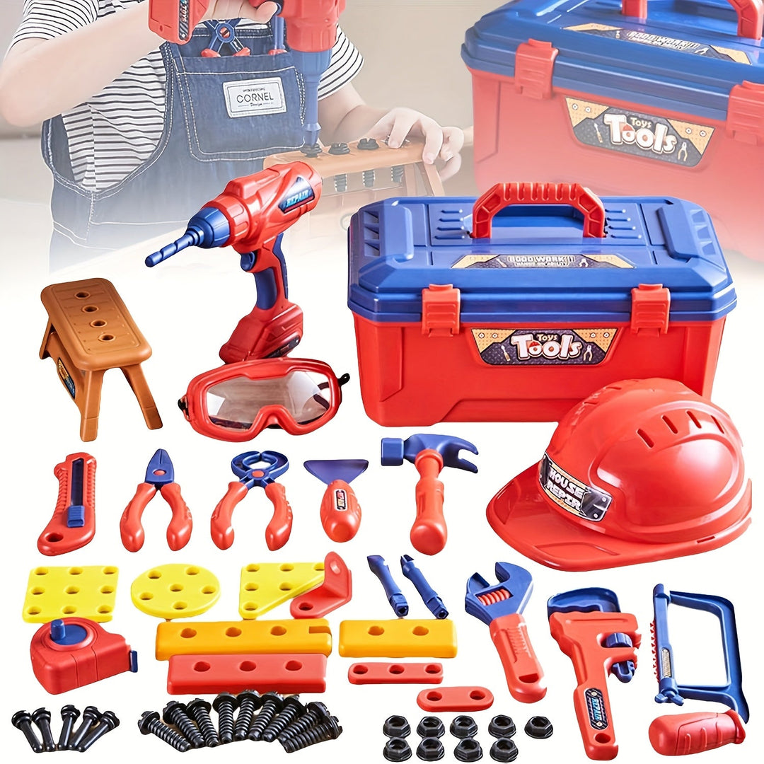 Enfant jouant au bricoleur avec kit d'outils 48 pièces, perceuse électrique et casque de sécurité.