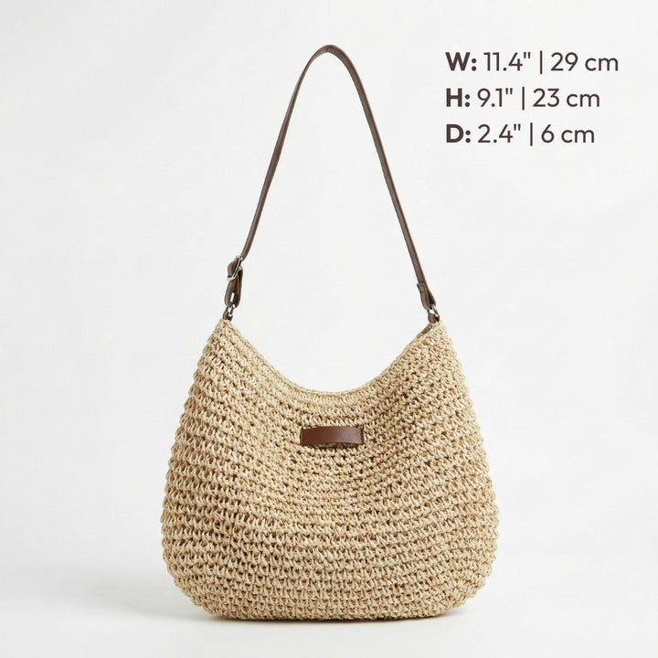 Sac à main femme en raphia tressé demi-lune, élégance naturelle et bohème, idéal pour toutes occasions.