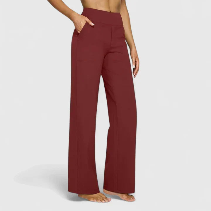 Pantalon femme tissu fluide, taille haute, jambe droite, assurant aisance et élégance.