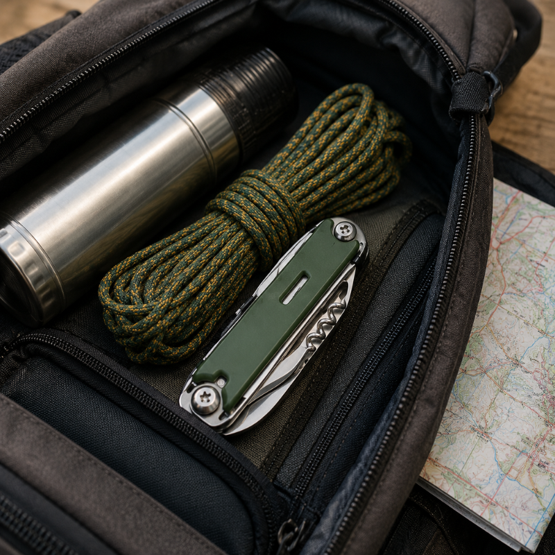 Kit de couverts multifonction en acier inoxydable, parfait pour le camping et la randonnée.