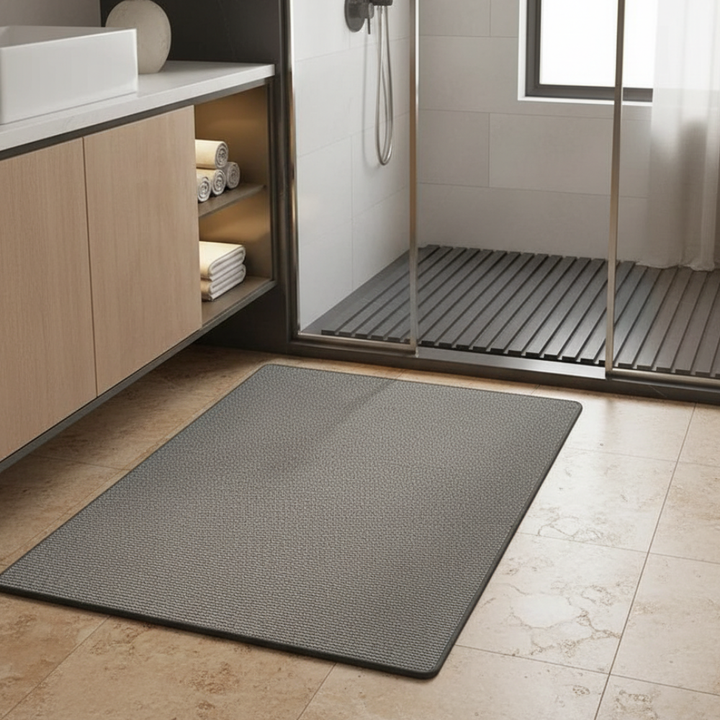 Tapis de bain antidérapant marron, microfibre absorbante pour confort et sécurité du sol sec.