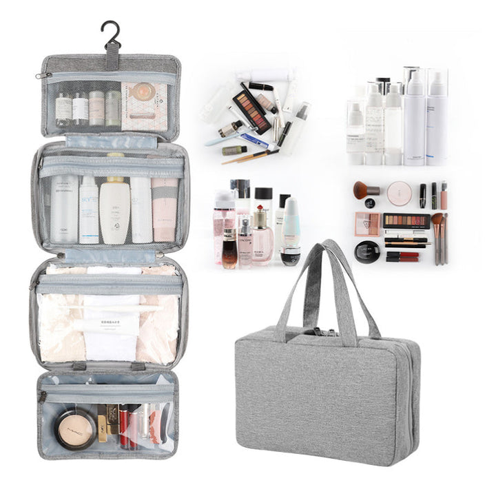 Trousse de toilette unisexe portable, idéale pour ranger maquillage et accessoires essentiels en voyage.