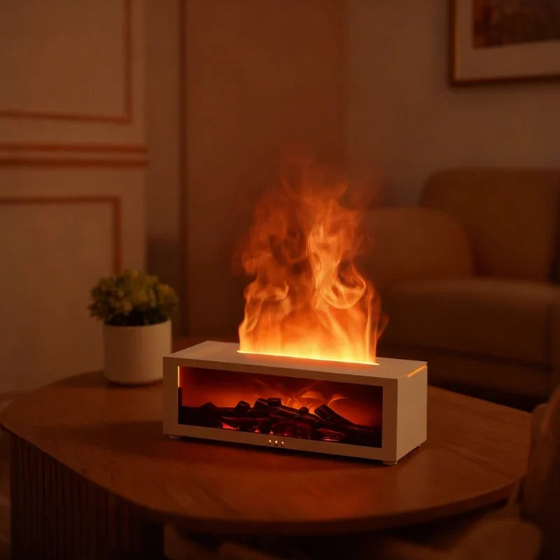 Diffuseur d'arômes et humidificateur d'ambiance HearthGlow avec flamme LED décorative.