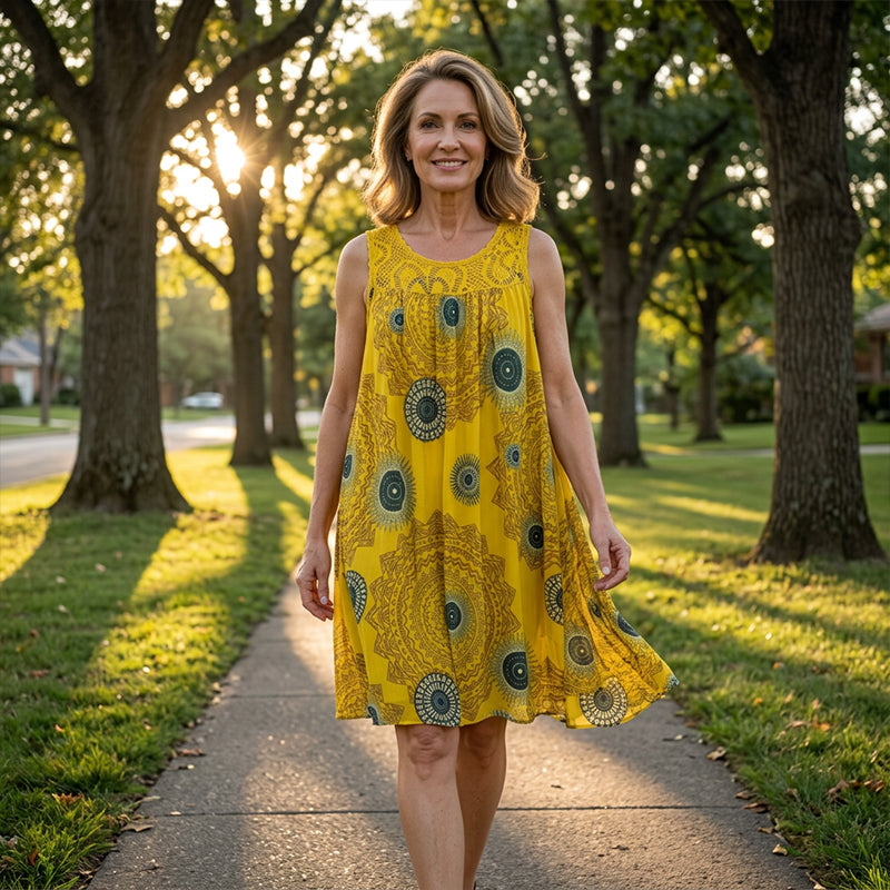 Robe d'été femme, motif vibrant, coupe fluide et confortable, agrémentée de dentelle.