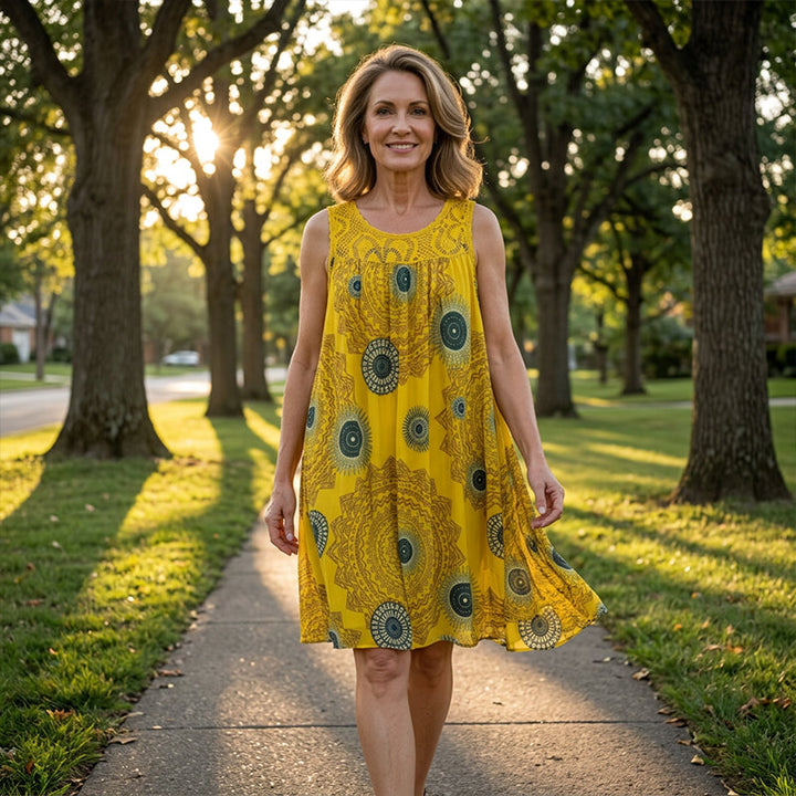 Robe d'été femme, motif vibrant, coupe fluide et confortable, agrémentée de dentelle.