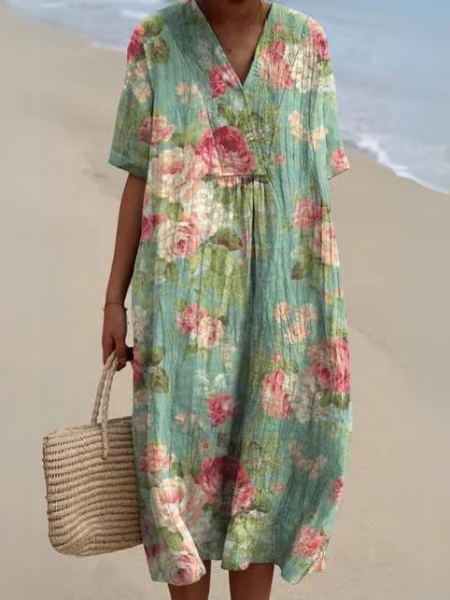 Élégante robe d'été florale, femme, coupe fluide pour confort optimal, look printanier décontracté.
