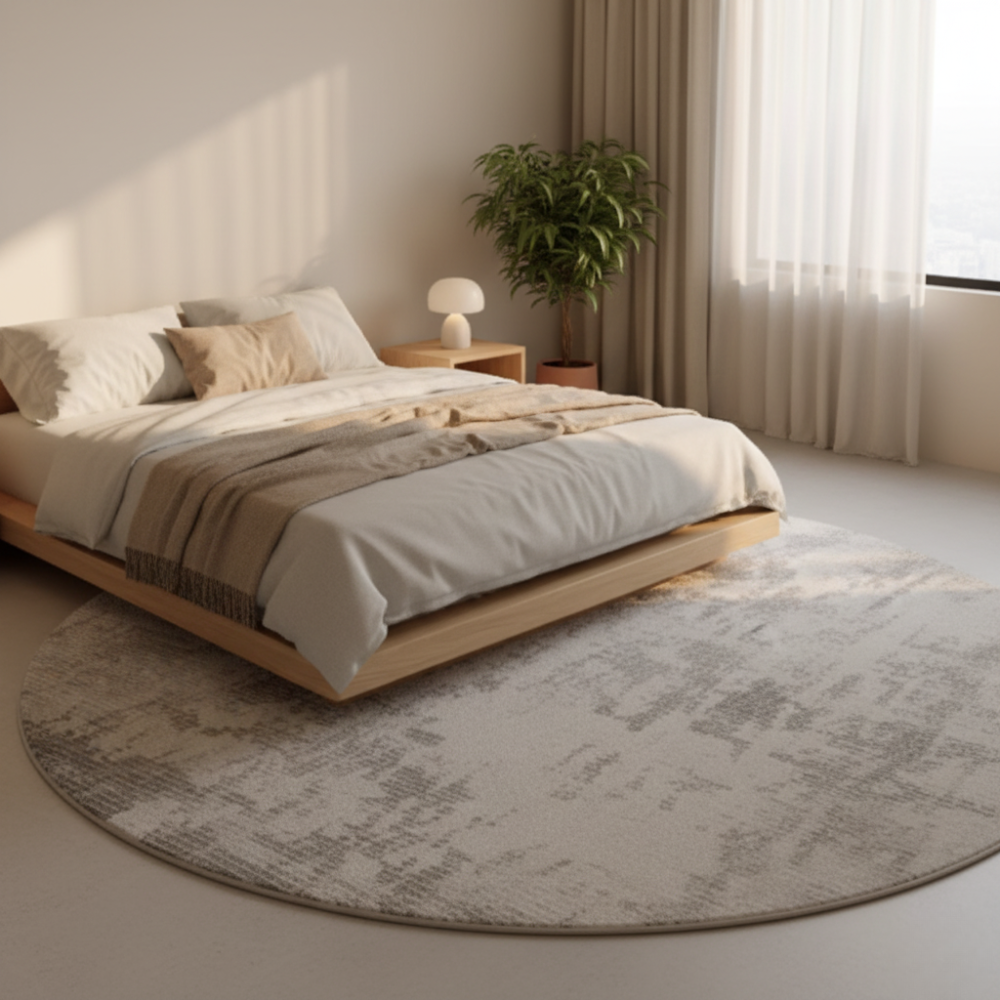 Tapis de sol rond en peluche épaisse, design italien, parfait pour un salon cosy et élégant.