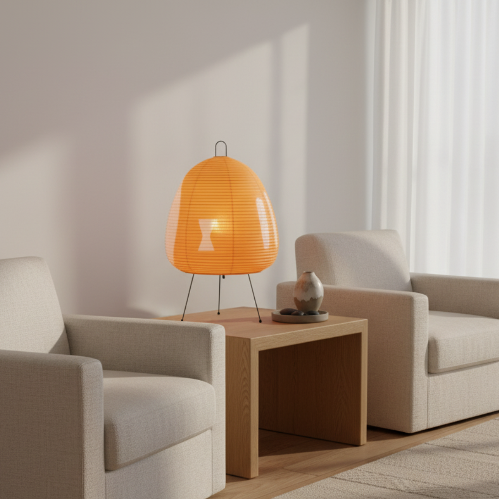 Luminaire moderne en papier de riz, lampe de table épurée, éclairage d'ambiance.