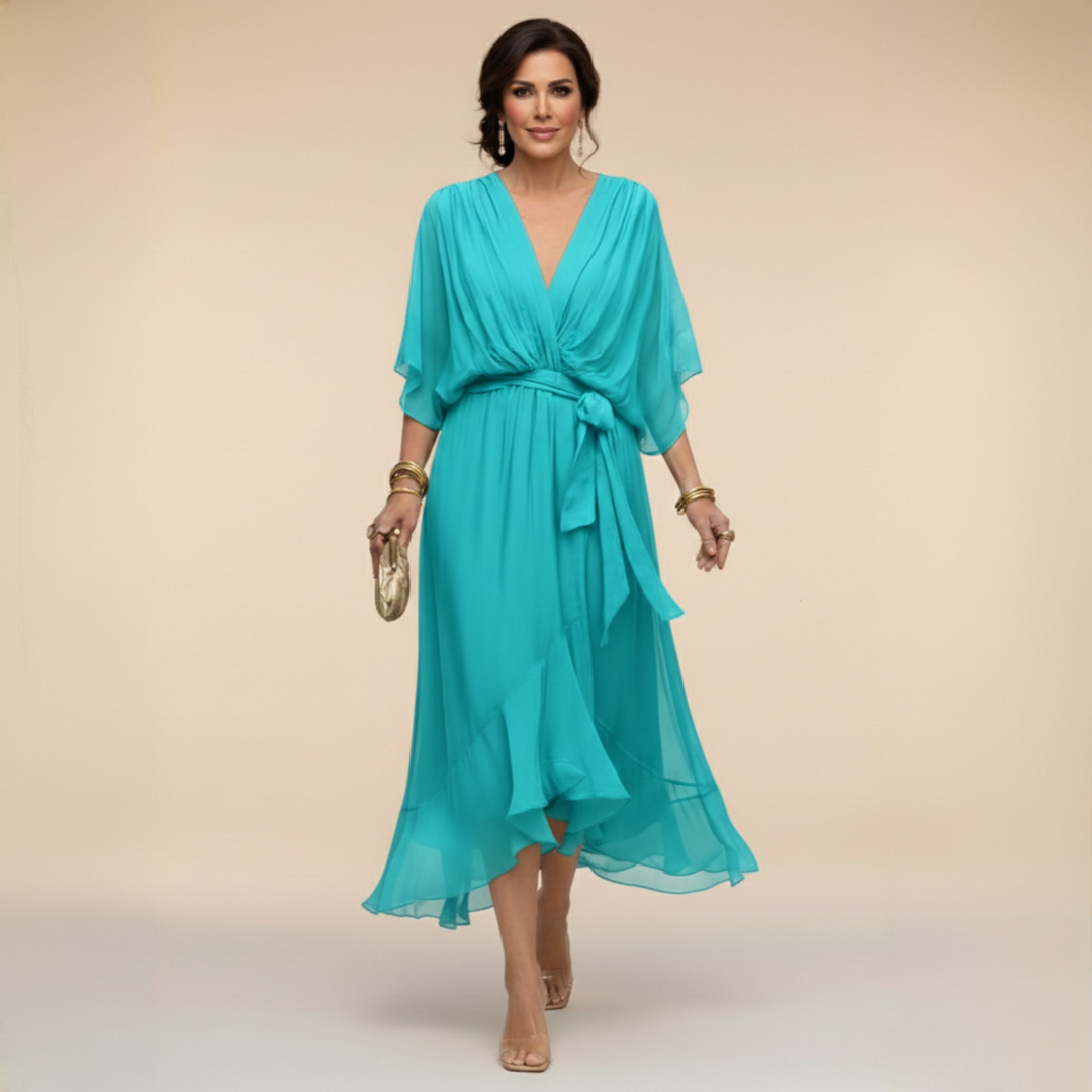 Robe femme midi en chiffon fluide, col V, ceinturée. Parfaite pour soirée élégante printemps/été.