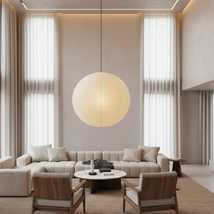 Élégante suspension Akari pour salon. Design japonais, lumière douce, ambiance zen.