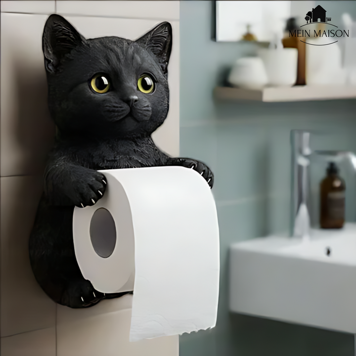 Porte-papier toilette en résine, chat noir souriant, organisateur mural félin pour toilettes modernes.