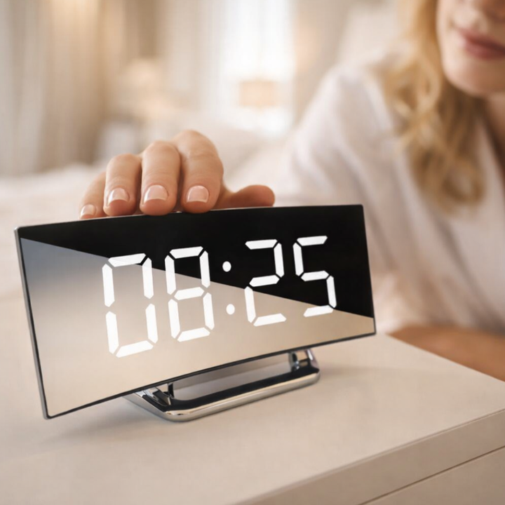 Horloge numérique incurvée avec affichage LED rouge, luminosité réglable, parfaite pour une chambre sombre.