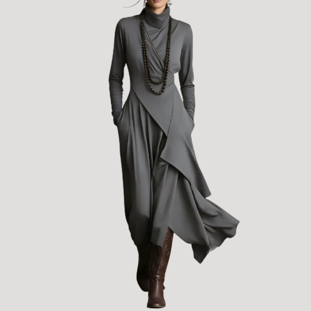 Robe longue fluide femme, manches longues, col drapé élégant. Idéale pour tenue chic et confortable. Mode féminine.