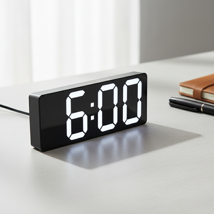 Horloge LED USB design épuré, affiche l'heure, la date et la température ambiante.