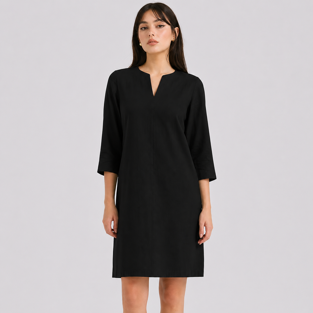 Robe Isabella pour femme, fluide, mi-longue, avec encolure V, style décontracté et élégant.