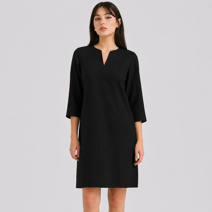 Robe Isabella pour femme, fluide, mi-longue, avec encolure V, style décontracté et élégant.