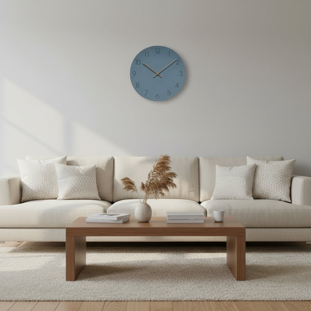 Horloge design contemporain scandinave. Montre murale silencieuse pour une maison moderne. Ambiance minimaliste.