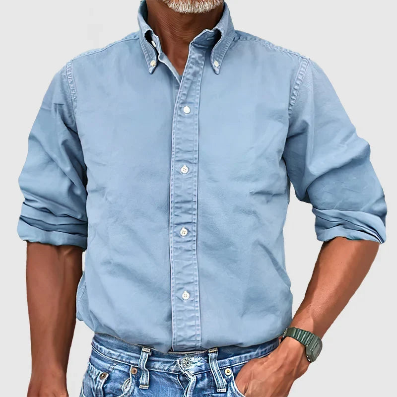Chemise homme décontractée manches longues, style délavé casual. Idéale pour un look élégant et relax.