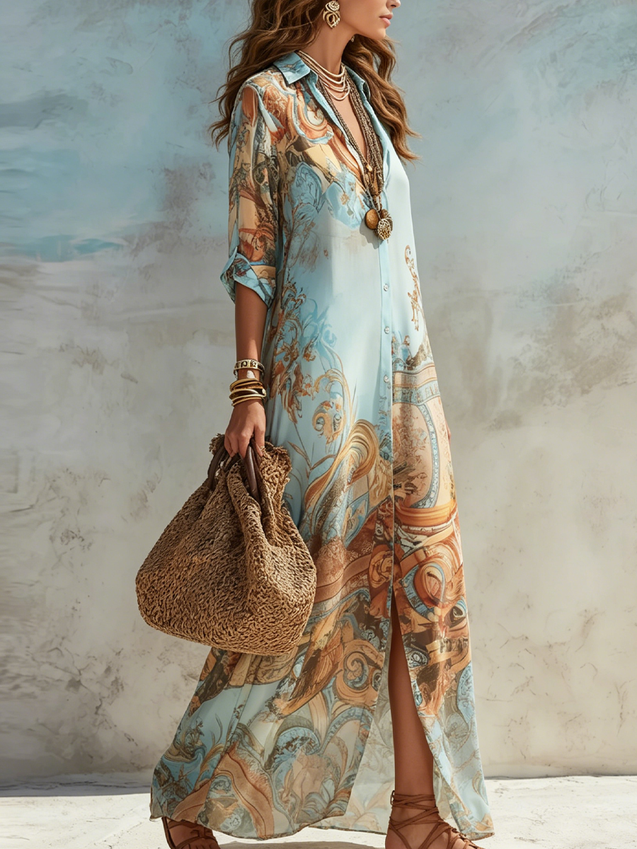 Robe chemise longue décontractée femme fluide, imprimé artistique et élégant, idéale pour un look printanier.