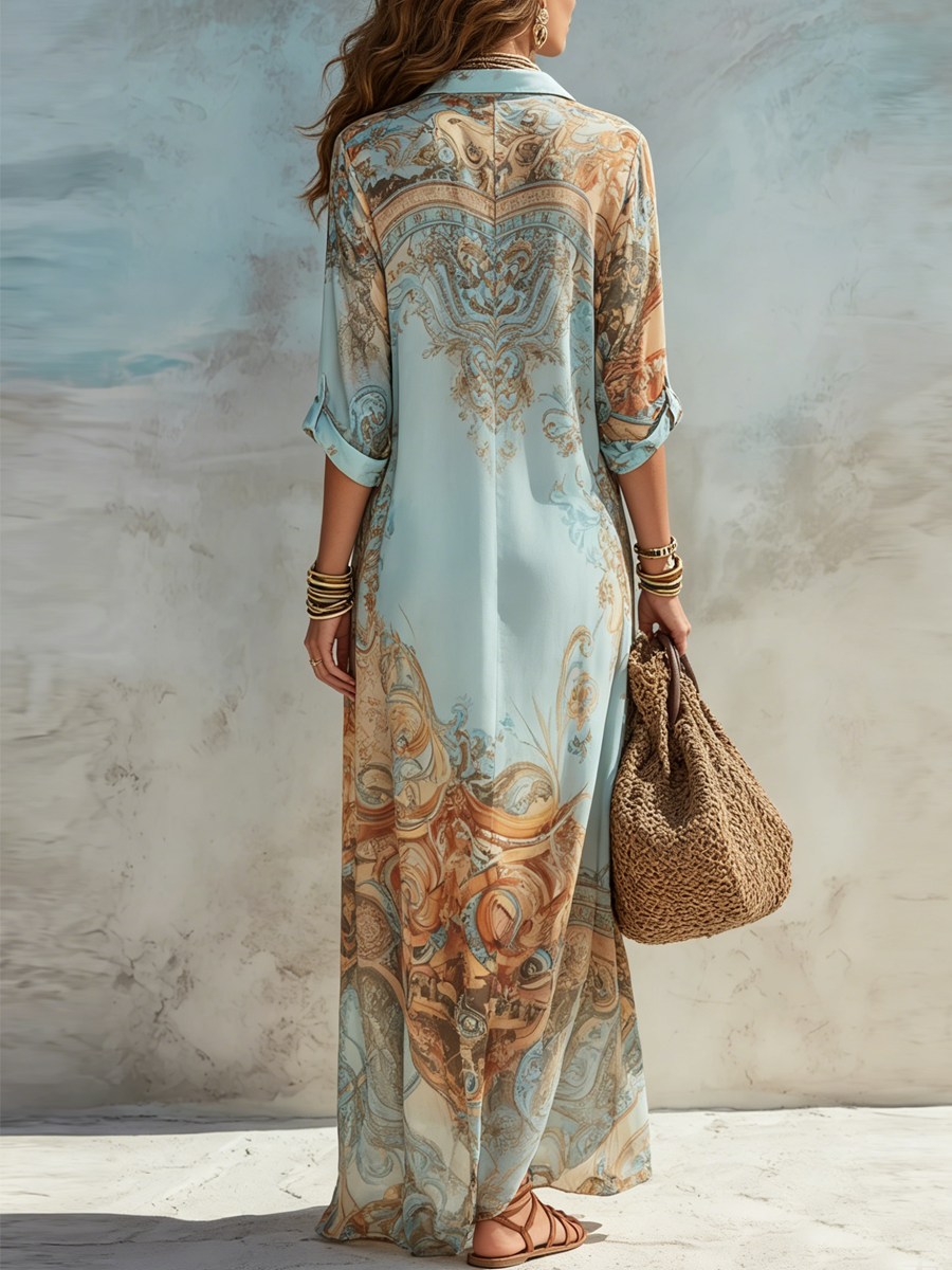 Élégante robe longue fluide pour femme avec un magnifique imprimé artistique, style chemise, pour l'été.