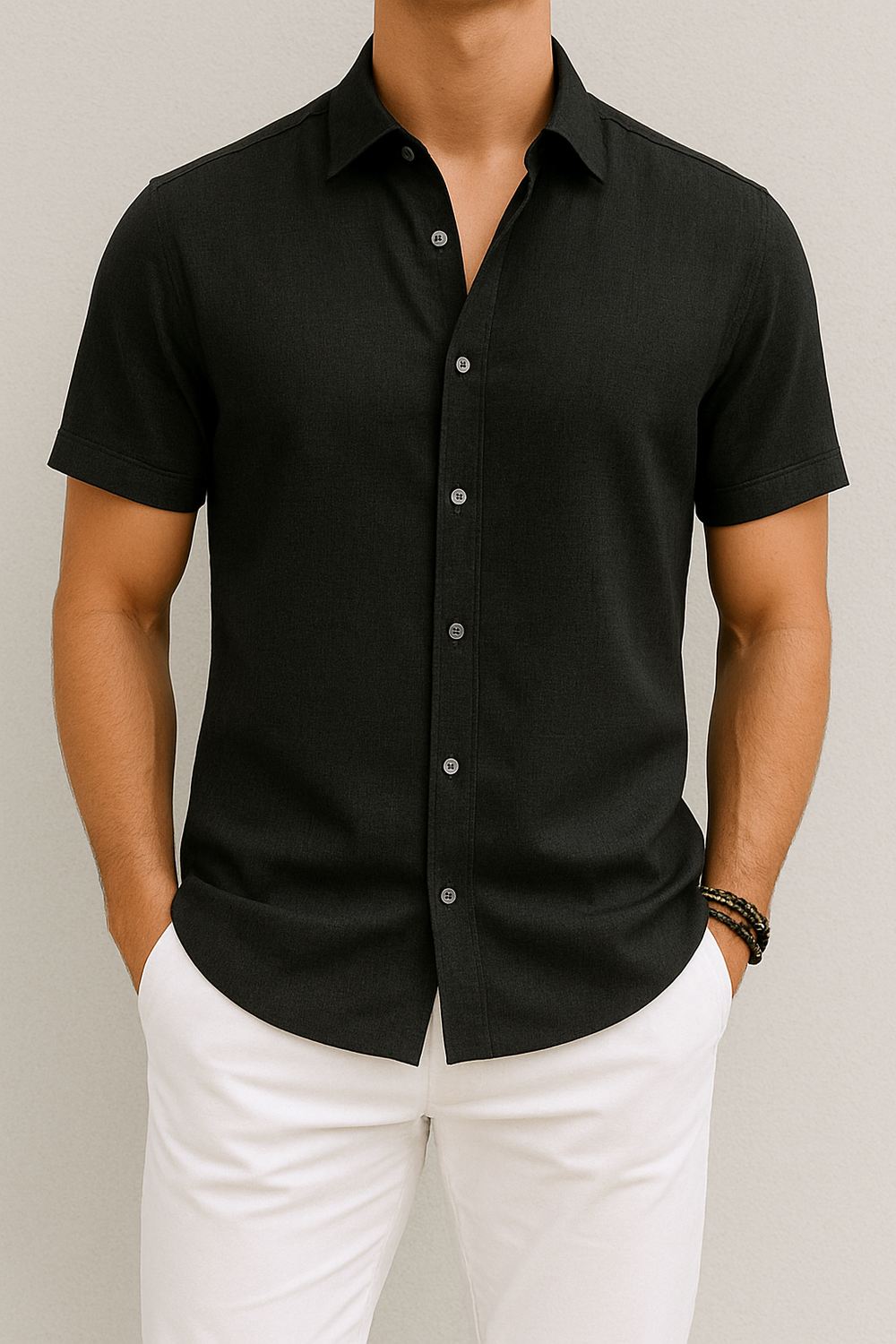 Détail chemise homme à manches courtes, tissu aéré et léger pour un confort optimal en été.