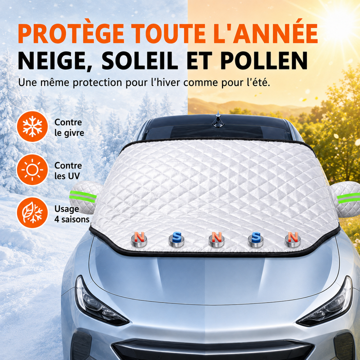 Tapis de protection pare-brise anti-givre et neige pour véhicule, fixation magnétique simple.