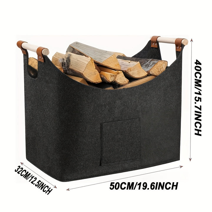 Panier organisateur XL feutre gris, poignées bois, élégant et durable pour rangement du bois ou objets.