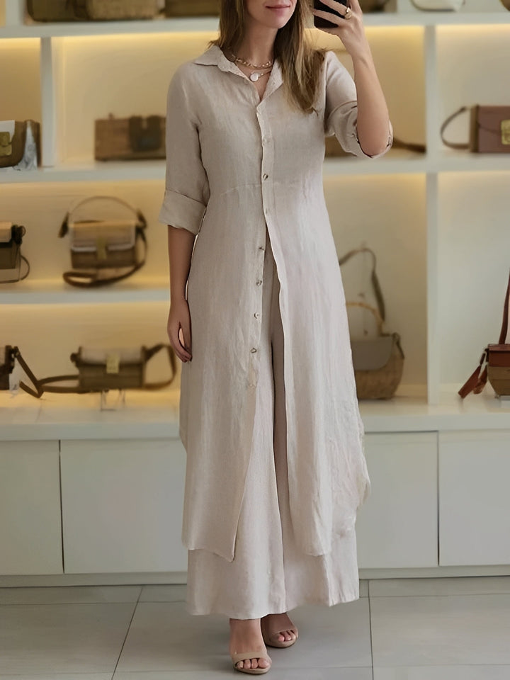 Set deux pièces femme confortable et stylé pour l'été. Comprend un chemisier long et un pantalon fluide.
