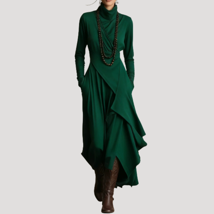 Robe longue fluide violette femme, manches longues. Tenue chic et confortable avec col drapé. Mode élégante.