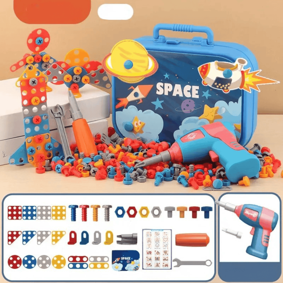Jeu créatif d'assemblage pour enfants avec outils, développe la logique, la dextérité et la concentration.