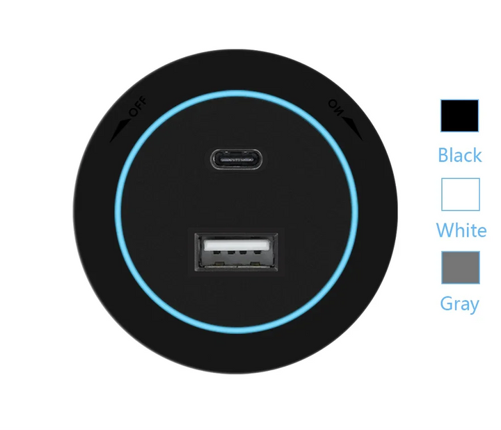 Prise murale universelle design, intégrant multiprise et ports USB pour une connectivité mondiale.