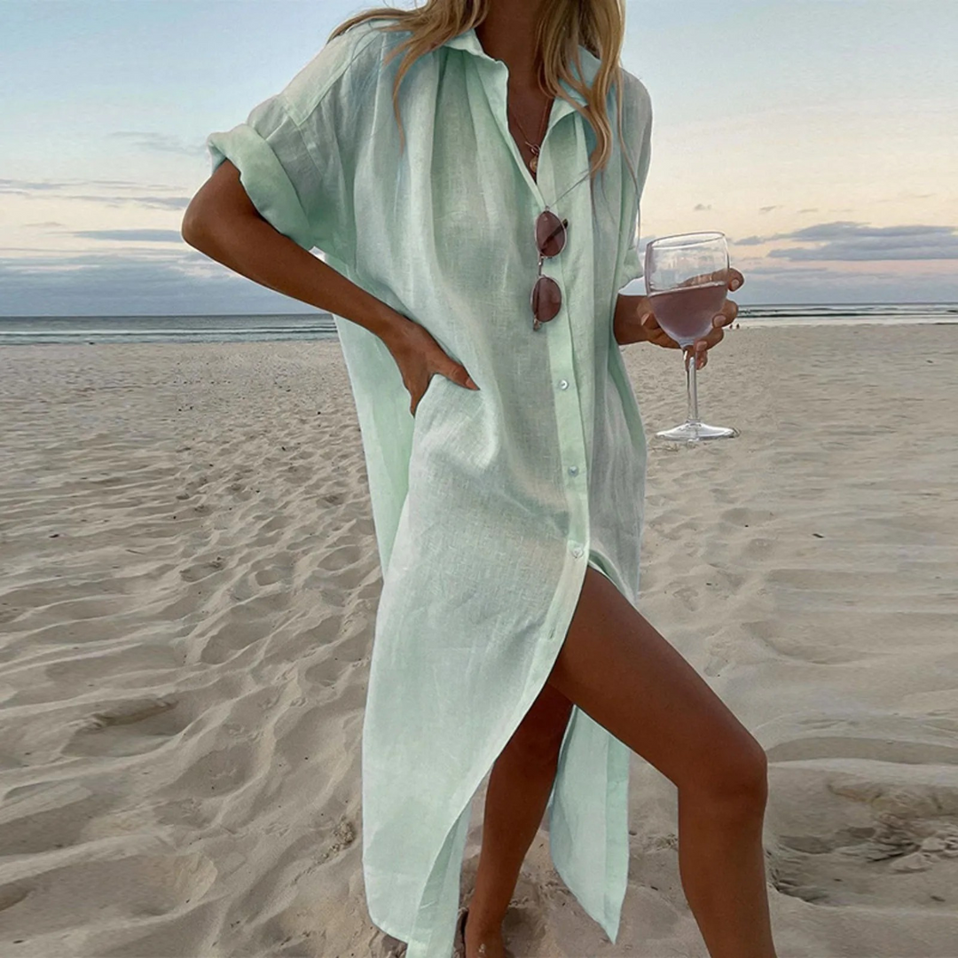 Robe chemise Zoya verte, un vêtement femme confortable et stylé pour la saison chaude.