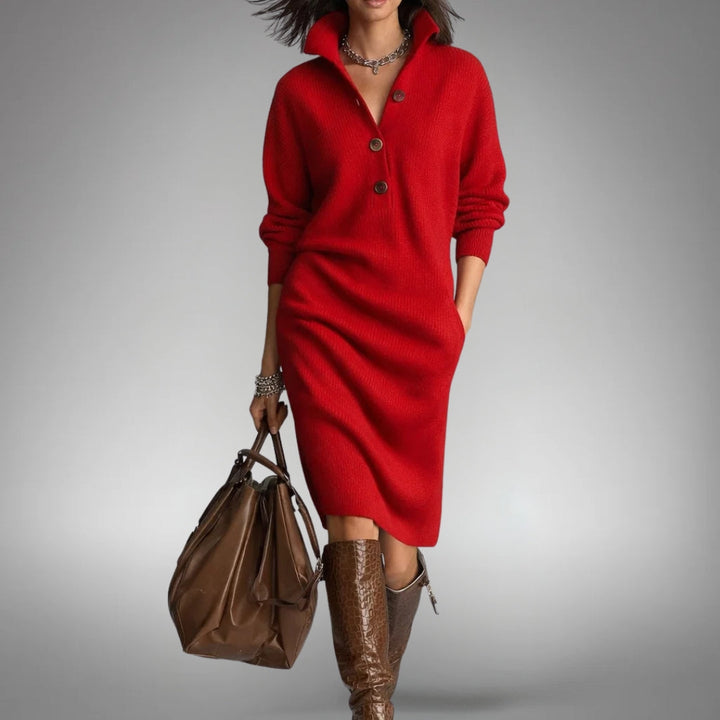 Robe midi femme décontractée, col montant. Poches pratiques. Maille douce, parfaite pour l'automne.