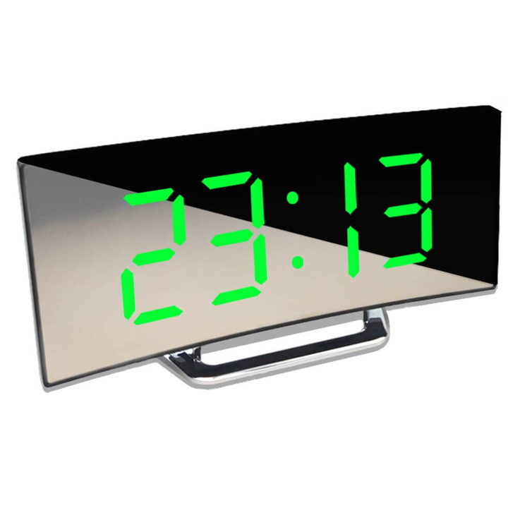 Horloge de bureau LED incurvée, numérique, avec affichage clair et luminosité ajustable, style moderne.