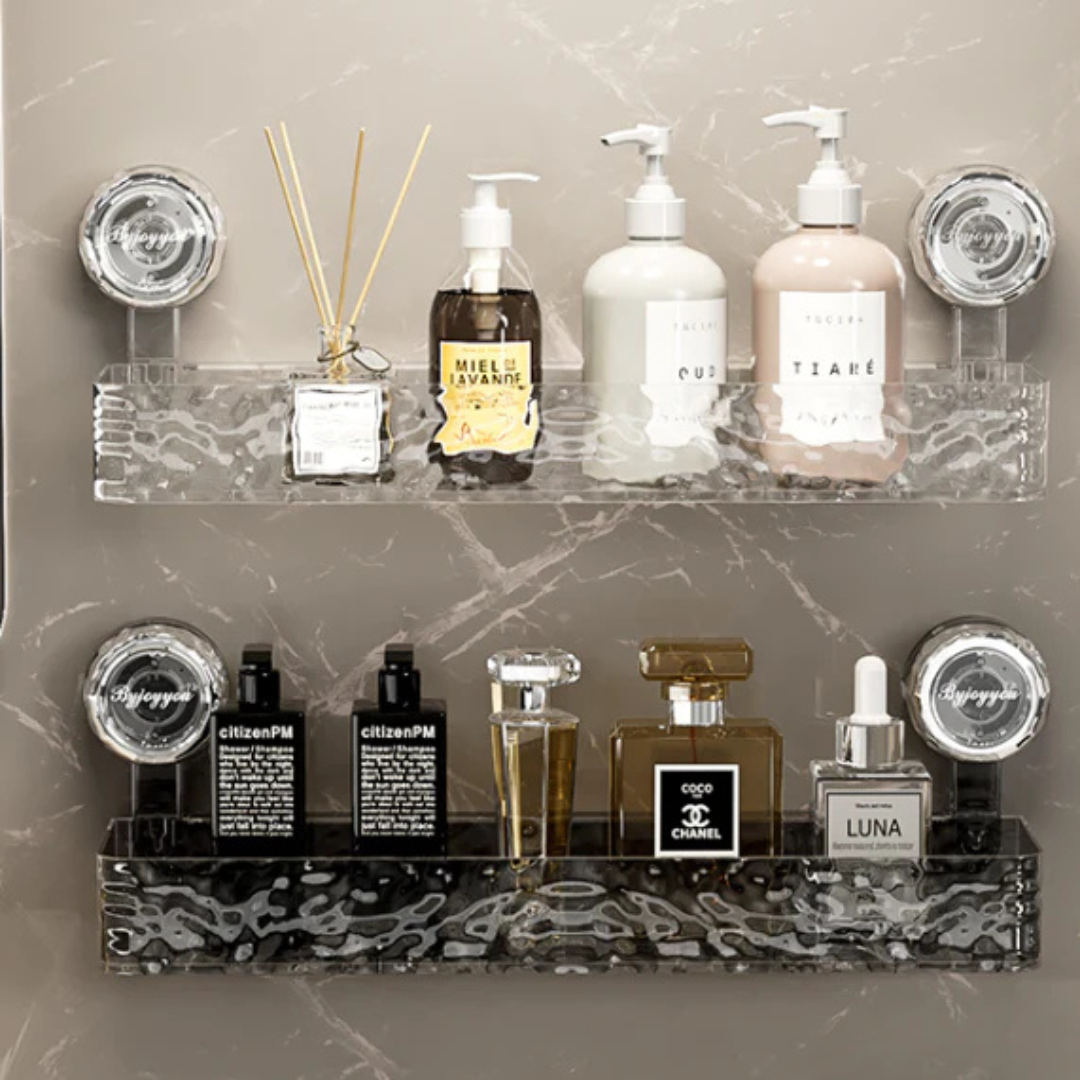 OptiShelf organisateur de douche rectangulaire argent, étagère murale en acrylique, fixation ventouse robuste pour salle de bain.
