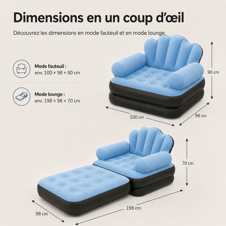 Fauteuil SofaMate gonflable gris clair, chaise longue compacte pour le jardin ou le salon.