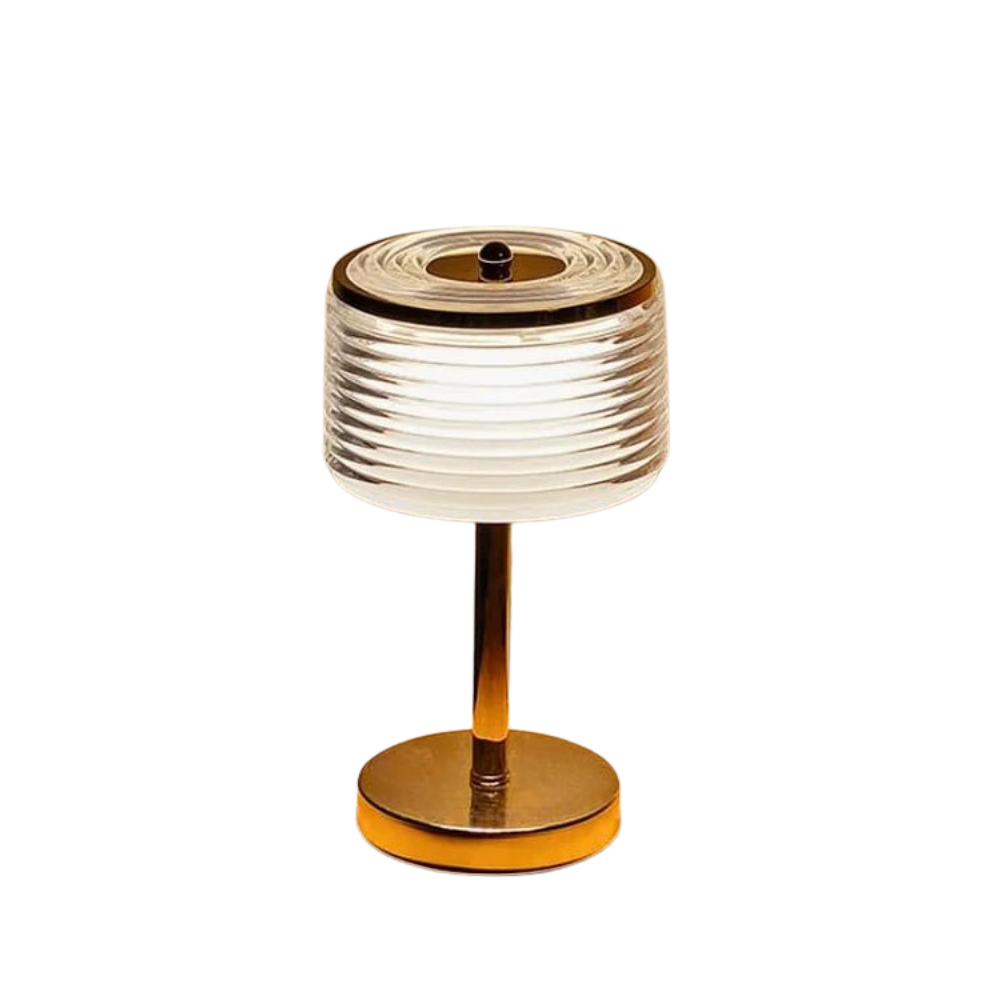 Lampe de table LED or design moderne, idéale pour salon ou chambre, avec lumière réglable.