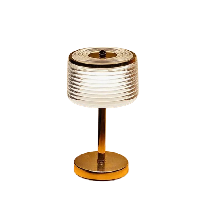 Lampe de table LED or design moderne, idéale pour salon ou chambre, avec lumière réglable.
