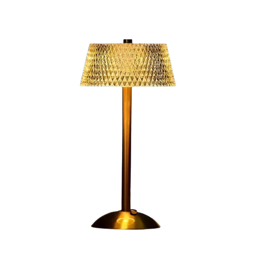 Lampe de table LED sans fil élégante, en cristal et métal. Idéale pour salon ou bureau, design moderne.