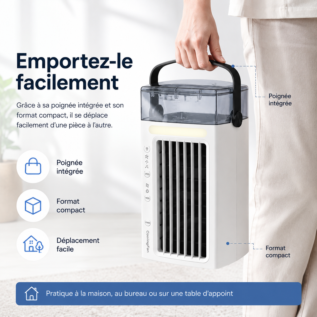 Climatiseur compact et portable avec éclairage LED, idéal pour bureau, chambre ou petite pièce.