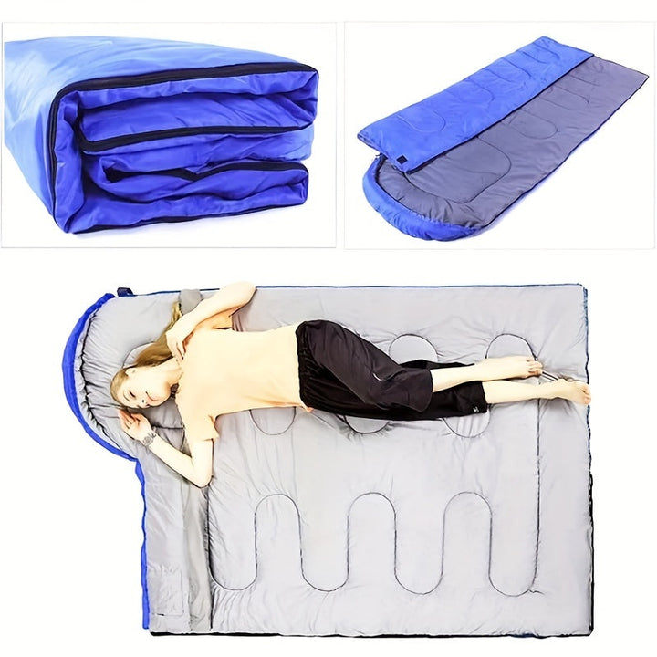 Sac de couchage hivernal chaud avec capuche pour camping, randonnée et aventures en plein air.