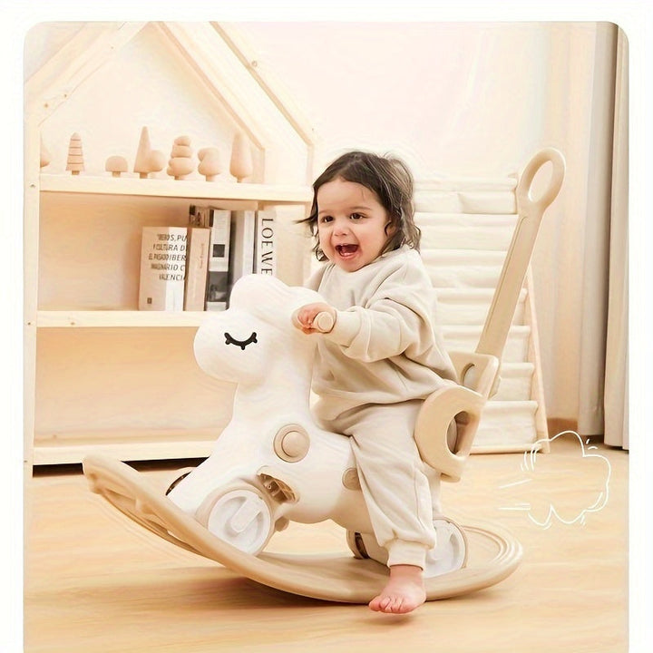 Cheval à bascule et vélo d'équilibre sécurisé pour enfant, construction robuste, jouet éducatif.