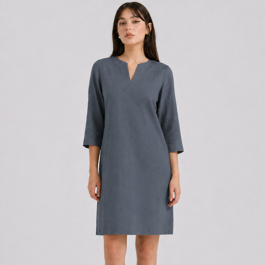 Robe Isabella fluide, décontractée, encolure V, mi-longue, parfaite pour le confort féminin estival.